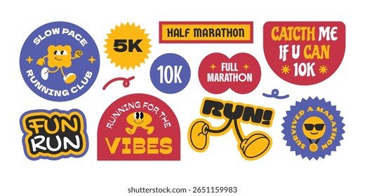 Adesivos de eventos de maratona de corrida divertida, adesivos, distintivos. Logotipos em execução no Groovy com aspas.
