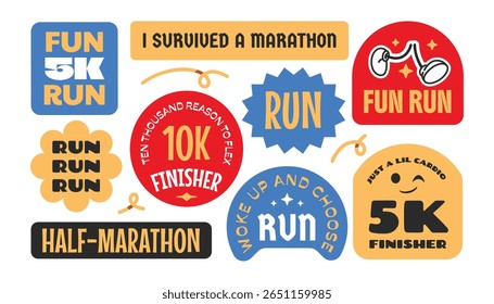 Adesivos de eventos de maratona de corrida divertida, adesivos, distintivos. Logotipos em execução no Groovy com aspas.