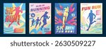 Fun run poster design background vector set. Running sport cover template with vibrant abstract gradient geometric shape and people running. Ideal design for social media, flyer, promotion, card.