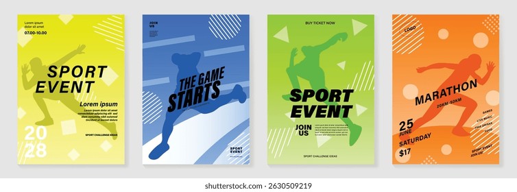Fun run poster design background vector set. Running sport cover template with vibrant abstract gradient geometric shape and people running. Ideal design for social media, flyer, promotion, card.