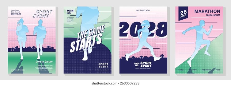 Fun run poster design background vector set. Running sport cover template with vibrant abstract gradient geometric shape and people running. Ideal design for social media, flyer, promotion, card.