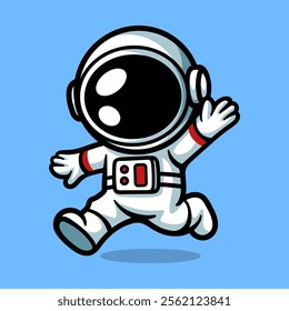 fun running astronaut waving cartoon character isolated colored drawing line art style sketch classic vintage design illustration