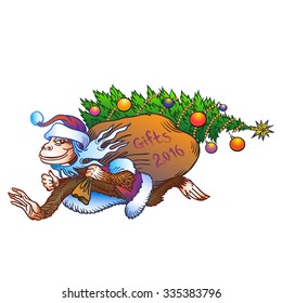 Fun running Christmas monkey with bag; RGB EPS 10 vector illustration