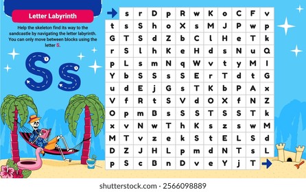 Fun S Letter Practice Worksheet featuring the labyrinth with cute skeleton character on vacation. Perfect for preschool learning activities