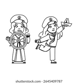 fun sailor kid girl vector. travel boy, dream play, ship happy fun sailor kid girl character. people black line pencil drawing illustration