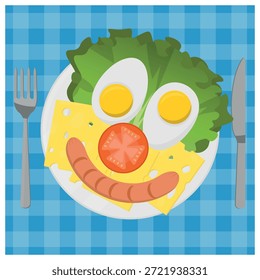 A Fun Salad Decorated with Vegetables, Boiled Eggs and Cheese Slices, Creating a Smiley Face on a Blue Checkered Tablecloth. Illustration, Vector.