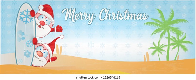 fun santa claus cartoon on surf beach and palm tree