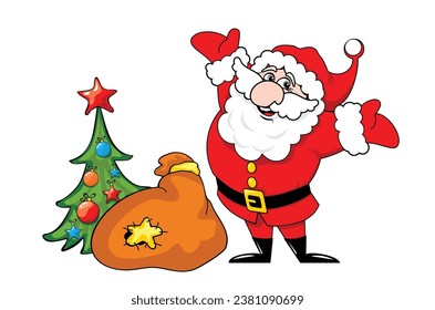 Fun Santa Claus with Christmas tree and gifts bag. Vector template on transparent backround