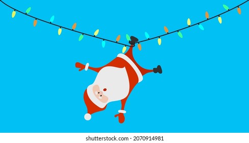 Fun Santa Claus hanging on a garland upside down. Christmas vector illustration.