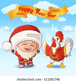 Fun Santa Claus and rooster in cartoon style. Christmas greeting card.