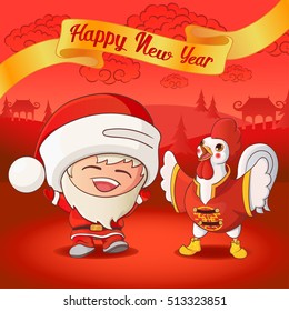 Fun Santa Claus and rooster in Christmas snow scene. Greeting card. Wishes for Happy New Year. Cartoon style.