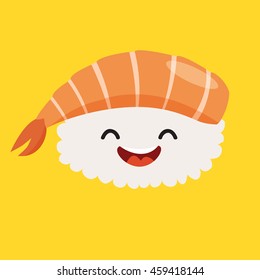 Personagem divertido sashimi vetor de desenhos animados. Rostos lindos de sashimi com camarão, comida japonesa. Personagens sushi felizes, ilustração vetorial isolado no fundo branco