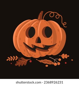 Fun scary pumpkin and autumn leaves on black background. Awful pumpkin is symbol of Halloween. Design element for greeting cards, party invitations, stickers for autumn holiday All Hallows' Eve.