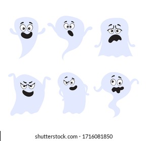 Fun scary smile happy sad good bad ghost characters isolated set. Vector flat cartoon graphic design illustration