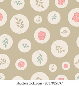A fun scattered vector seamless pattern with circles, flowers and leaves with a dark beige, tan background. Perfect for fabric, gift wrap, packaging, wallpaper, scrapbooking, home decor.

