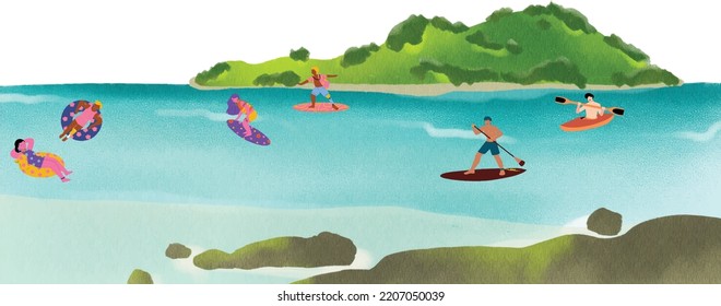 Fun scene at the beach. Beach, people, wave and other elements