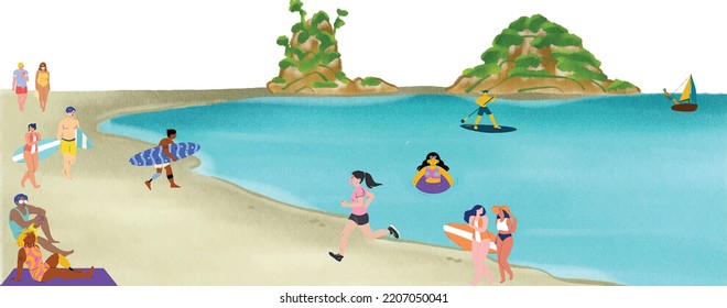 Escena divertida en la playa. Playa, gente, olas y otros elementos