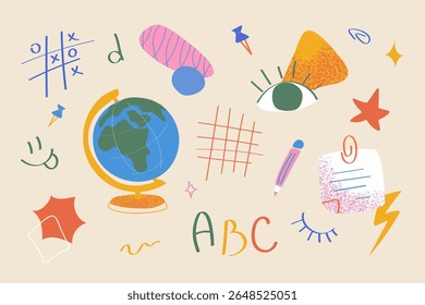 Kit de design de escola divertida com paleta de notebook globo ocular e ABC em estilo abstrato criativo Use para projetos de impressão educacionais projetos infantis amigáveis e recursos escolares