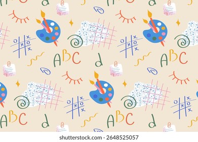 Fun school pattern with art supplies ABC letters and doodles Perfect for kids education projects fabric wrapping and creative stationery