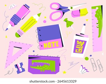 Fun school tools collection in modern flat style. Bright notebook, ruler, glue, pencil, eraser, and quirky green pencil case with crocodile design