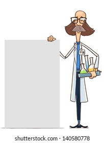 Fun scientist shows blank banner. cartoon character isolated on white. hand drawn illustration
