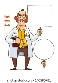 Fun scientist with sign. cartoon character isolated on white. hand drawn illustration