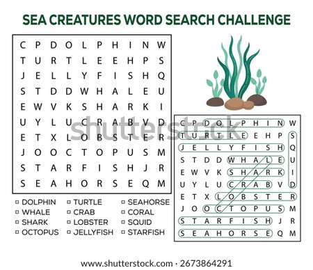 Fun sea creatures word search challenge with a list of words to find and a decorative underwater plant illustration.