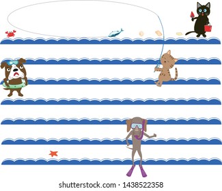 Fun sea play of dogs and cats.Title frame for summer.