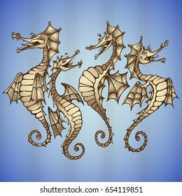 Fun seahorses dragons on blue background; RGB EPS 10 vector illustration