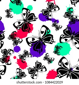 Fun seamless butterfly cloth pattern with blotter on white. Nature butterfly linen theme vector. Repeating insect fabric backdrop for clothing fabric.