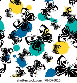 Fun seamless butterfly cloth pattern with blotter on white. Flying butterfly linen theme vector. Repeating insect fabric backdrop for advert.