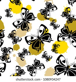Fun seamless butterfly cloth template with blotter on white. Spring butterfly linen theme vector. Repeating insect fabric artwork for textile.