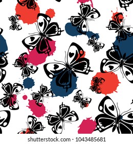 Fun seamless butterfly cloth texture with pink, magenta, carrot orange and metallic blue blotters on white. Wildlife butterfly linen theme vector. Repeating insect fabric clipart for clothing fabric.