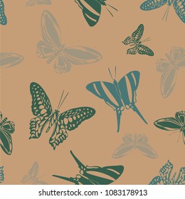 Fun seamless butterfly engraving background isolated on contrast back layer. Wildlife butterfly etching theme vector. Insect silhouette artwork for clothing fabric.