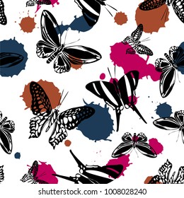 Fun seamless butterfly kite pattern with pink and orange blotter on white.  Wildlife butterfly hover theme vector. Repeating insect soar clipart for advert.