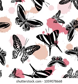 Fun seamless butterfly kite pattern with dark red, pale pink and orange blotters on white. Spring butterfly hover theme vector. Repeating insect soar artwork for marketing purpouses.