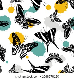 Fun seamless butterfly kite pattern with blotter on white.  Wildlife butterfly hover theme vector. Repeating insect soar artwork for wrapping paper.