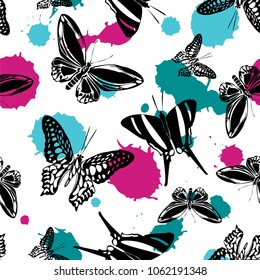 Fun seamless butterfly kite texture with saturated pink, bright cyan and dark green blotters on white. Wildlife butterfly hover theme vector. Repeating insect soar artwork for marketing purpouses.