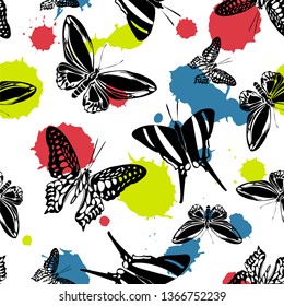 Fun seamless butterfly kite texture with blotter on white.  Season butterfly hover theme vector. Repeating insect soar clipart for interior.