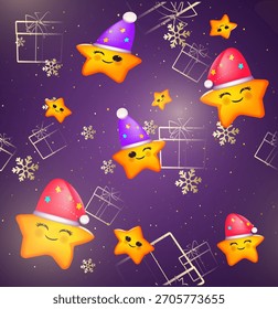Fun seamless Christmas pattern, stars dressed in Santa hats and gifts
