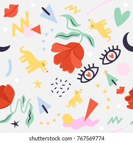 Fun seamless Christmas theme pattern with flowers, dogs, trees, stars and geometric objects.