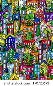 Fun seamless cityscape pattern with tall buildings and skyscrapers, green roofs and solar panels