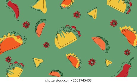 Design perfeito e divertido de tacos, chilies, nachos e flores em cores brilhantes, ideal para festivais de comida, Cinco de Mayo ou temas de culinária mexicana.