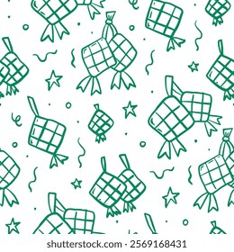 A fun seamless doodle pattern of ketupat, stars, and crescents, evoking Ramadan’s festive atmosphere.