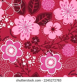 Fun seamless floral pattern in a 2023 color scheme. A modern twist on a retro floral print. Featuring color of the year Viva Magenta