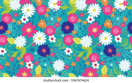 Freuen Sie sich auf ein nahtloses Blumenmuster in einem hellen, trendigen Farbschema. Eine moderne Twist auf einem Retro-Blumendruck.