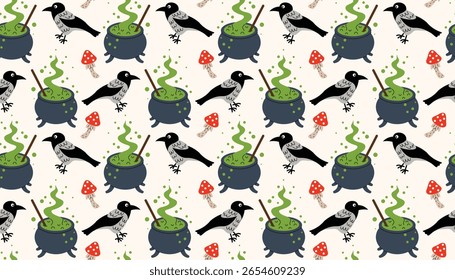Fun seamless Halloween pattern with bubbling cauldrons, dark ravens, and red fly agarics. Messy cute layout in flat cartoon style. Ideal for kids projects, prints, and spooky decorations.