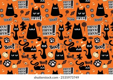 A fun seamless Halloween pattern featuring black cats, candy corn, and playful words on an orange background. Ideal for party supplies, textiles, stickers, wrapping paper, and festive decor.