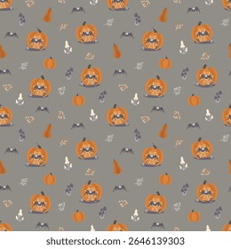 A fun seamless Halloween pattern featuring cute spiders in webs, pumpkins, mushrooms, and autumn branches with berries on a gray background. Perfect for children's textiles, gift wrapping, festive dec