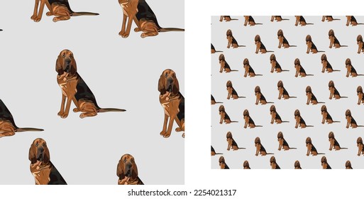 Fun seamless happy Bloodhound square pattern. Seamless terrier dog pattern, holiday texture. Light Packaging, textile, decoration, wrapping paper. Trendy hand-drawn funny breed wallpaper. 